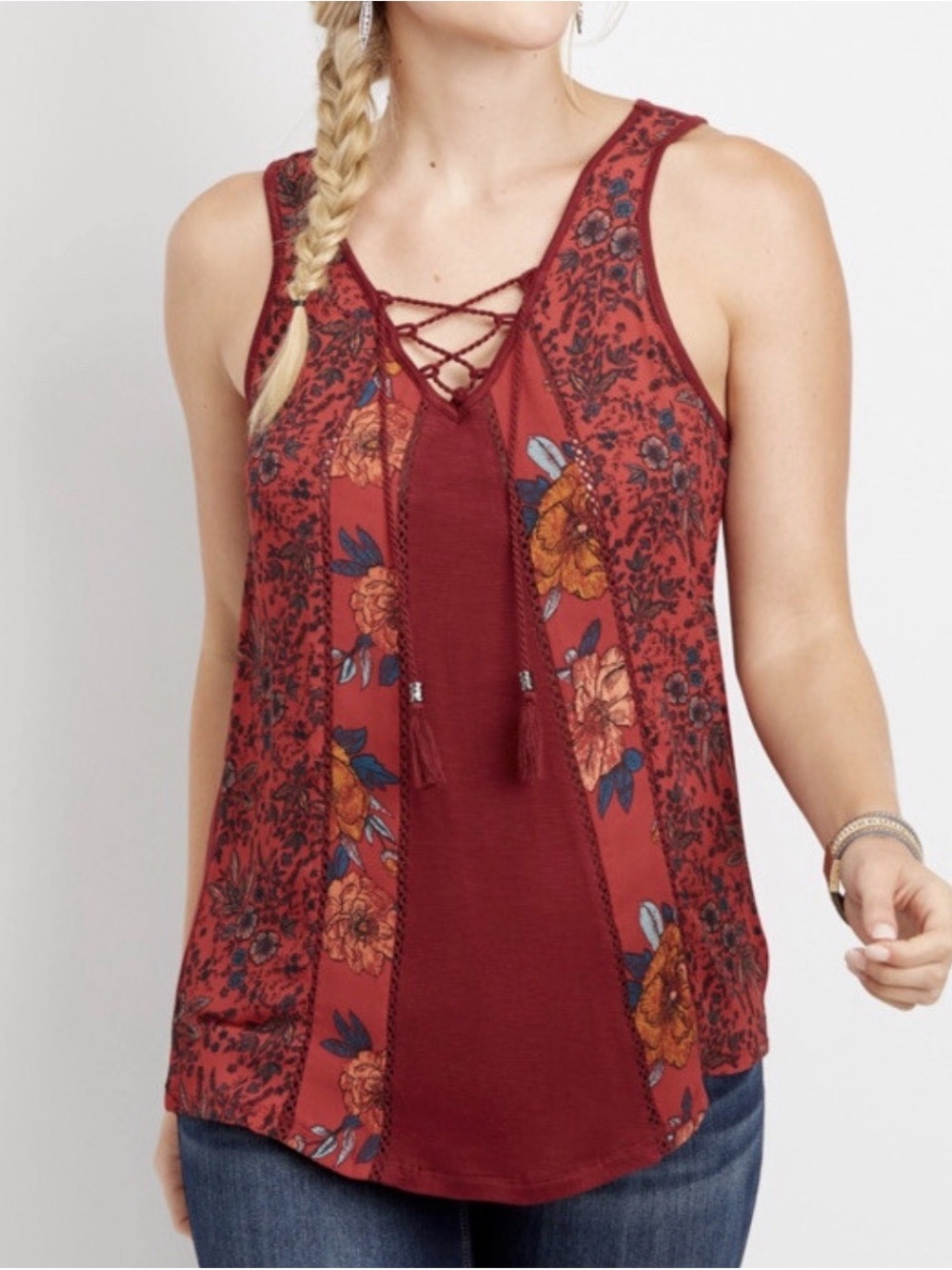 Maurices Rust Floral Lace-Up Tank with Tassel Ties